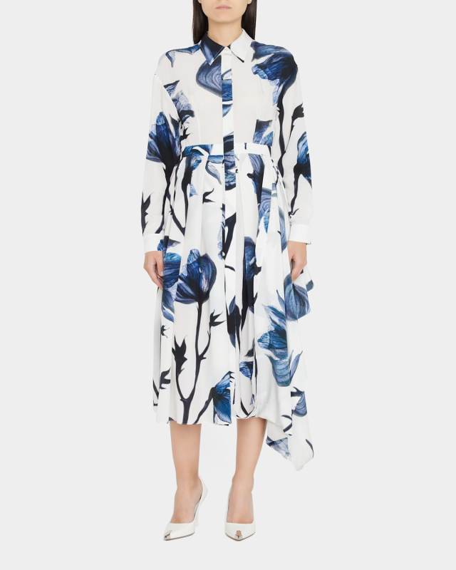 Bellflower-Print Asymmetric Midi Shirtdress